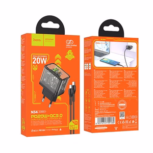 Phone Laadija Hoco USB A + USB C QC3.0 PD 3A 20W + Kaabel USB C to USB C N34 transparnent
