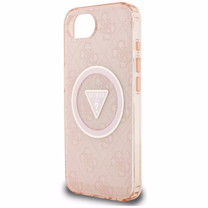 Оригинальный чехол GUESS IML Metal Glitter 4G Circle Triangle MagSafe для iPhone 17e/16e розовый