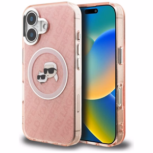 Karl Lagerfeld IML Glitter Karl & Choupette Heads Logo MagSafe iPhone 16 Case - Pink