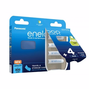 Laetavad patareid PANASONIC ENELOOP AAA 800 mAh 4 tk + ümbris (BK-4MCDE/4CP+CASE)