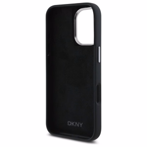 DKNY Liquid Silicone Metal Logo iPhone 16 Ümbris - Must