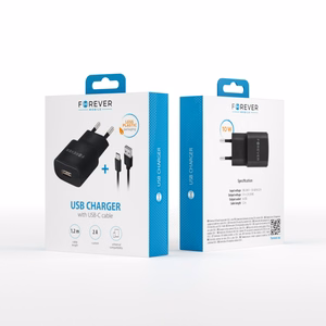 Forever TC-01 зарядное устройство 1x USB 2A черный + USB-C кабель