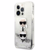 Karl Lagerfeld Liquid Glitter Karl&Choupette Head ümbris iPhone 13 Pro / iPhone 13 jaoks - hõbedane