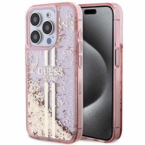 GUESS ümbris jaoks IPHONE 15 Pro GUHCP15LLFCSEGP (Liquid Glitter kuldne Stripes) roosa