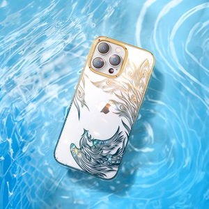 Luxury iPhone 14 Ümbris with Kingxbar Phoenix Crystals - kuldne and sinine