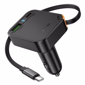Автомобильное зарядное устройство Hoco с выдвижным кабелем 2 x USB C + USB A QC PD 65W NZ18 чёрное