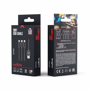 Maxlife 3in1 cable USB - Lightning + USB-C + microUSB 1,0 m 2,1A must nylon