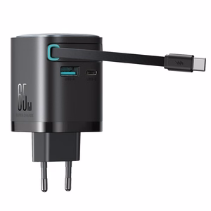 Joyroom JR-TCL02 65W USB-A USB-C GaN laadija koos built-in USB-C kaabel - must