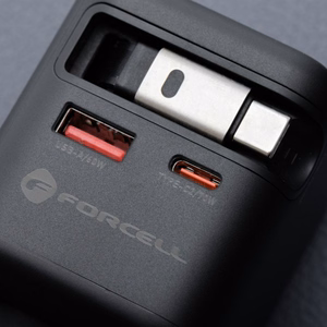 Phone laadija Forcell F-Energy GaN USB C + USB A + retractable kaabel USB C PD QC4.0 3A 70W VT-R7 hall