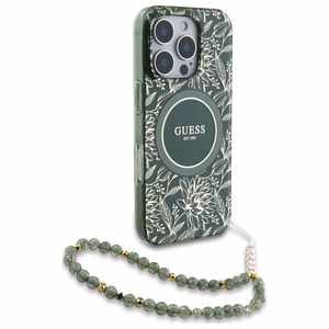 Guess IML Flowers Allover Electro With Pearl Strap MagSafe ümbris jaoks iPhone 16 Pro Max - roheline