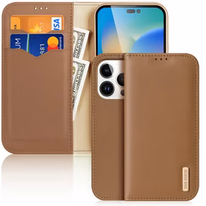 Dux Ducis Hivo Nahast Flip Cover Ehtne nahast rahakott kaartide ja dokumentide jaoks iPhone 14 Pro Brown