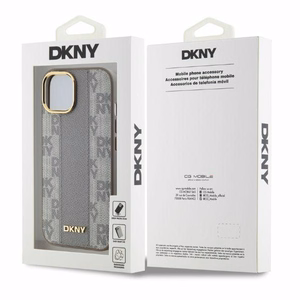 DKNY Leather Checkered Mono Pattern MagSafe iPhone 15 Ümbris - Beige