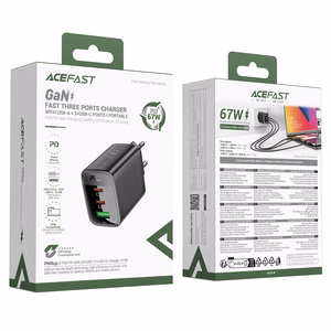Acefast A108 GaN PD seinaklaadija, 67 W, 2 × USB-C, 1 × USB-A, must