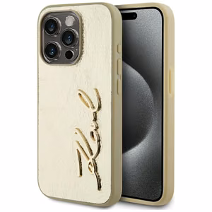 Karl Lagerfeld Wrinkled Metal Signature iPhone 15 Pro Ümbris - Kuldne