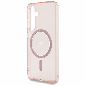 Guess Glitter Circle Classic Logo MagSafe Ümbris jaoks Samsung Galaxy S25 roosa