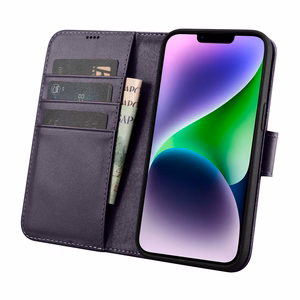 iCarer Rahakott ümbris 2in1 Case iPhone 14 nahast Flip Cover Anti-RFID tumelilla (WMI14220725-DP)