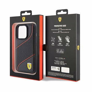 Ferrari Perforated Waves Metal Logo ümbris jaoks iPhone 15 Pro - must