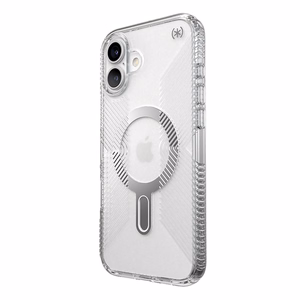 Speck Presidio Perfect-Clear Grip ClickLock & MagSafe ümbris seadmele iPhone 16 Plus, läbipaistev / kroomviimistlus / Serene Silver