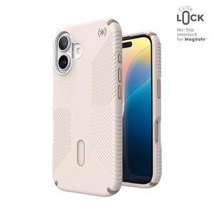 Speck Presidio2 Grip MagSafe'i ja ClickLocki toega ümbris iPhone 16-le, Bleached Bone/Heirloom Gold