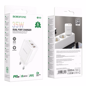 Borofone Wall Laadija BN9 Reacher - 2xType C - QC 3.0 PD 35W valge