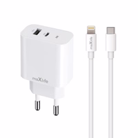 Maxlife MXTC-06-20AC PD QC laadija 1x USB-C 1x USB 20W valge + USB-C - Lightning kaabel 20W
