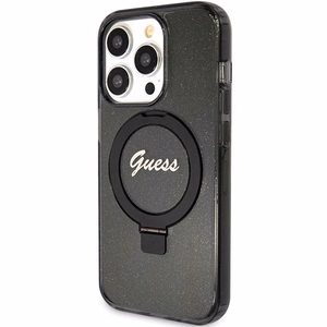 Оригинальный чехол-накладка Guess GUHMP15XHRSGSK для iPhone 15 Pro Max (совместимый с MagSafe / Glitter Script Logo / Ring stand / чёрный)