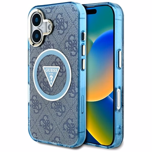 Guess IML Metal Glitter 4G Circle Triangle MagSafe Ümbris jaoks iPhone 16 - Sinine