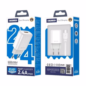 Laadija Jellico EU01 2.4A USB-A + USB-A to USB-C kaabel 1.0m valge