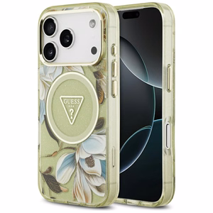 GUESS ümbris jaoks IPHONE 17 Pro Max compatible with MagSafe GUHMP17XHFLPEDN (IML Metal Glitter Flowers Triangle) roheline