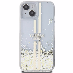 Guess Liquid Glitter kuldne Stripes ümbris jaoks iPhone 15 Plus / 14 Plus - läbipaistev
