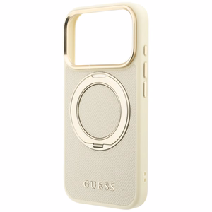 Guess Grained Classic Logo ümbris seadmele iPhone 18 Pro / 17 Pro, 360° rõngastoega, MagSafe-ühilduv – beež