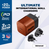 Energizer Ultimate - Multiplug EU / UK / US GaN 20W PD mains laadija (Walnut burl)