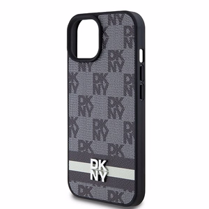 DKNY Leather Checkered Mono Pattern & Printed Stripes Чехол для iPhone 15 Plus / 14 Plus - чёрный