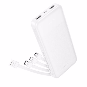 Akupank Hoco 10000 mAh 2A nelja sisseehitatud kaabliga USB A + USB C + Lightning + Micro USB J163 valge