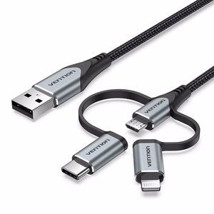 Vention USB 2.0 A Male to 3-in-1 Micro-B & USB-C & Lightning Male kaabel 1 m, hall alumiiniumsulami tüüp