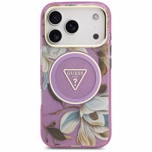 Guess IML Glitter Flowers Triangle MagSafe ümbris mudelile iPhone 17 Pro / 18 Pro – lilla