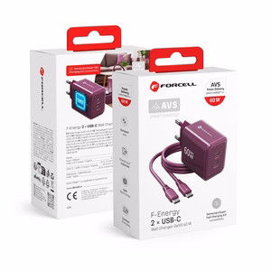 Bordoopunane 60 W Forcell F-Energy GaN III Crystal Color VT-60 seinalaadija, 2 × USB-C, AVS/PPS, koos 1 m 60 W silikoonist USB-C–USB-C kaabliga