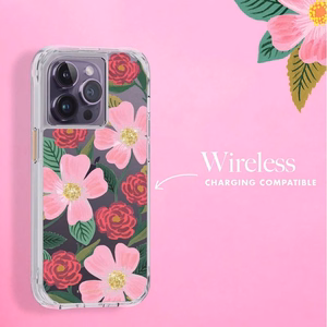 Rifle Paper Clear ümbris seadmele iPhone 14 Pro, kuldset tooni kaunistusega, Rose Garden mustriga