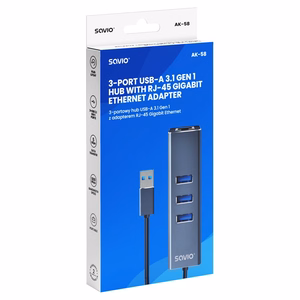 Savio AK-57 USB-A 3x USB-A jaotur koos RJ-45 Gigabit Ethernet adapteriga, USB 3.2 Gen 1, must/hall