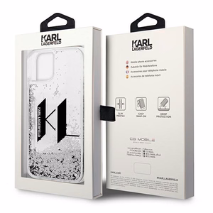 Karl Lagerfeld Liquid Glitter Big KL ümbris iPhone 14-le - hõbedane