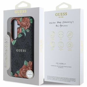 Guess Leather 4G Flowers Print Metal Classic Logo MagSafe Ümbris jaoks Samsung Galaxy S25 - must