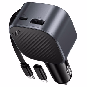 Autolaadija Hoco Z68, USB-A + USB-C, PD QC3.0, 45 W, väljatõmmatava USB-C-kaabliga, must