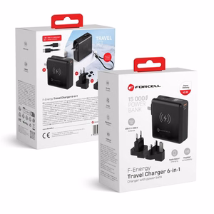 Multifunction laadija Forcell F-Energy 6in1 USB A + USB C PD 45W + akupank 15000 mAh + juhtmevaba charging 15W must