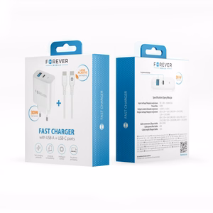 Forever TC-07-30AC PD QC laadija 1x USB-C 1x USB 30W valge + USB-C - USB-C kaabel 60W