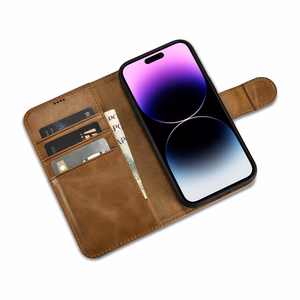 iCarer õlivaha rahakoti ümbris 2in1 Cover iPhone 14 Pro Anti-RFID nahast Flip Case Brown (WMI14220722-TN)