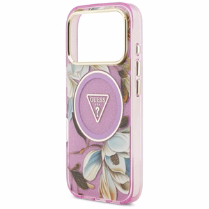 Guess IML Glitter Flowers Triangle MagSafe ümbris mudelile iPhone 17 Pro / 18 Pro – lilla