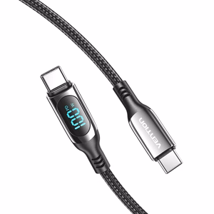 Vention puuvillane USB 2.0 C Male kuni C Male 5A kaabel LED-ekraaniga 1.2M, must, tsingi sulam