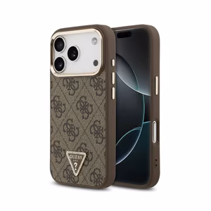 Guess PU Leather 4G Strass Triangle Logo Gold Frame MagSafe ümbris Apple iPhone 18 Pro telefonile, pruun