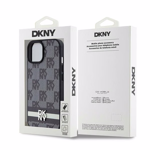 DKNY Leather Checkered Mono Pattern & Printed Stripes Чехол для iPhone 15 Plus / 14 Plus - чёрный
