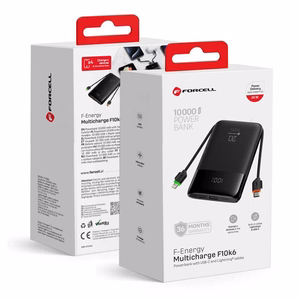 FORCELL F-ENERGY F10K6 Multicharge akupank sisseehitatud USB-C- ja Lightning-kaablitega, PD, QC3.0, 3 A, 22,5 W, 10000 mAh, must